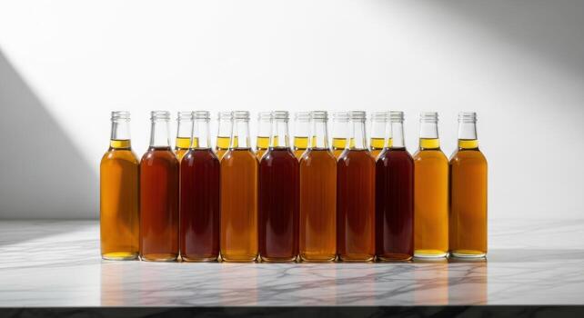 Neat row of eleven clear glass bottles filled with amber and brown liquids on a marble surface photo