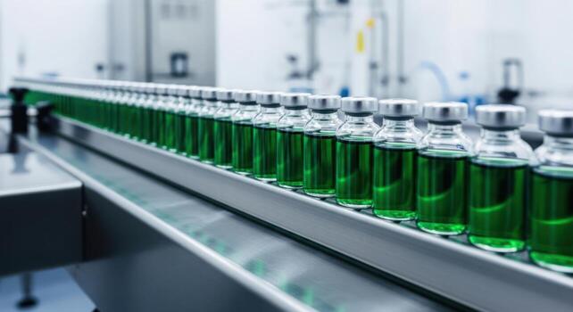 Automated production line with numerous glass vials containing vibrant green liquid in a sterile laboratory photo