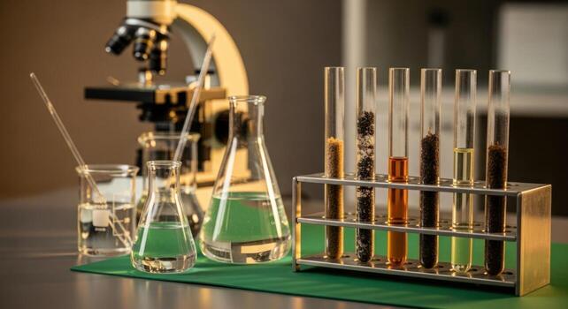 Professional science lab setup with microscope, beakers, flasks, and test tubes on a green mat photo