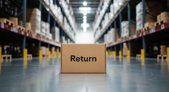 Cardboard return box on warehouse floor, symbolizing logistics and e commerce returns photo