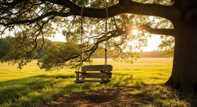 Vintage wooden swing hanging from a majestic oak tree branch at golden hour in a serene field photo