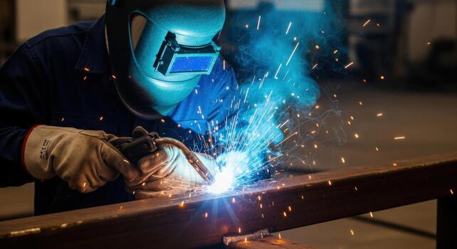 Professional welder working in an industrial setting, creating bright sparks while joining metal photo