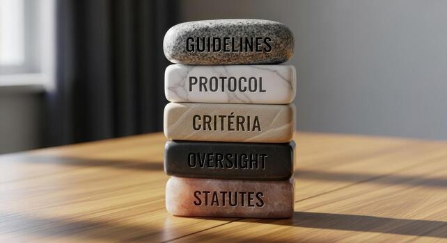 Stacked stone blocks with engraved words guidelines, protocol, criteria, oversight, statutes photo