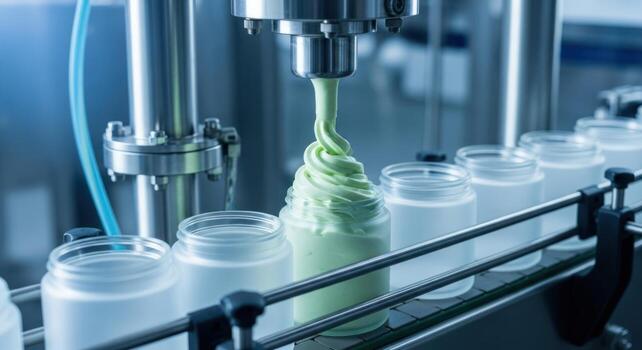 Automated industrial machine precisely dispensing light green cream into jars on conveyor belt photo