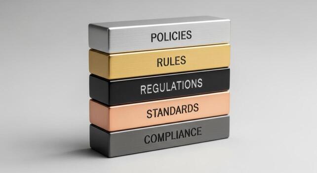 Policies, rules, regulations, standards, and compliance concepts on stacked metallic blocks photo