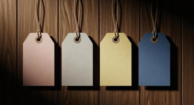 Four blank rustic paper tags in various colors hanging from twine on dark wood photo