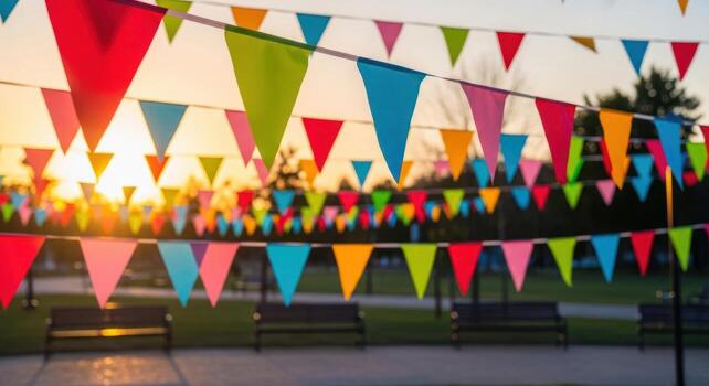 vibrante vistoso triangular verderón banderas ensartado a través de múltiple líneas a dorado hora puesta de sol foto