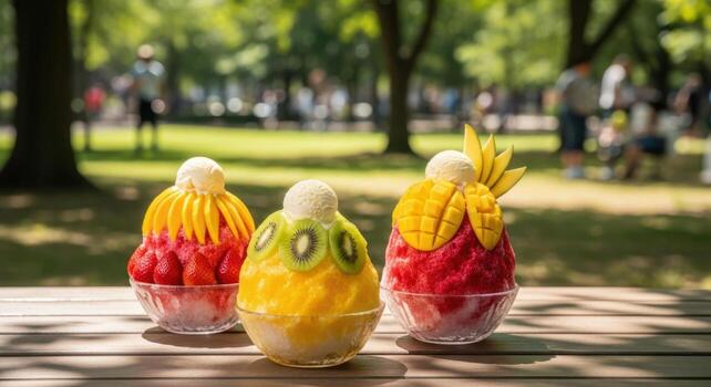 Three vibrant fruit shaved ice desserts with ice cream on a wooden table in a sunny park photo