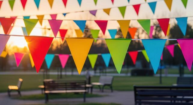 Vibrant colorful triangular bunting flags strung across multiple lines in a park at sunset photo