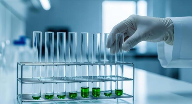 Professional gloved hand placing a test tube in a rack during scientific research in a lab photo