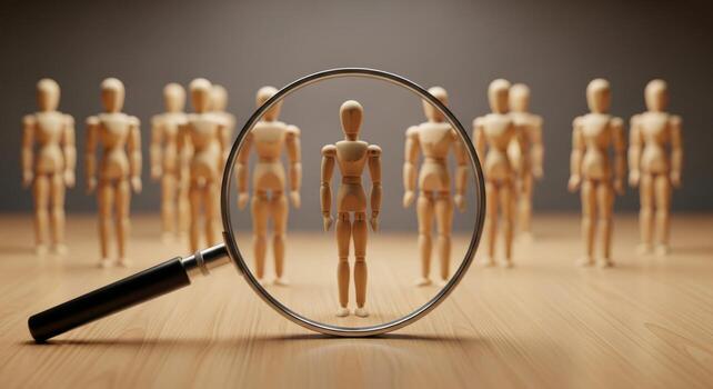 Human resource concept with magnifying glass selecting a wooden mannequin from a crowd photo