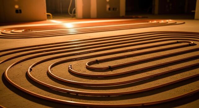 Copper pipes for underfloor heating system installation on a concrete floor in a room photo
