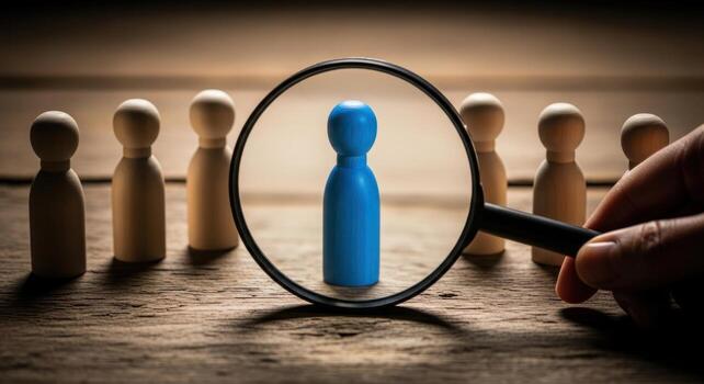 Magnifying glass focusing on a unique blue wooden figure, symbolizing selection and individuality photo