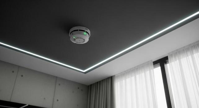 Modern carbon monoxide and smoke detector on a dark ceiling with integrated LED strip lighting photo