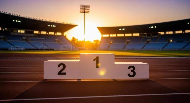 White winner podium with numbers 1 2 3 on a running track in an empty stadium at sunset photo