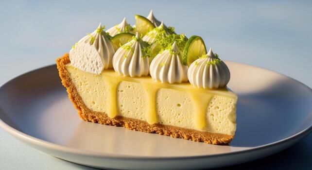 Delectable slice of key lime pie with meringue and fresh lime zest on plate photo