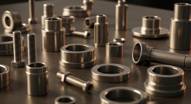 Collection of precisely machined metal parts, industrial components for engineering and manufacturing photo