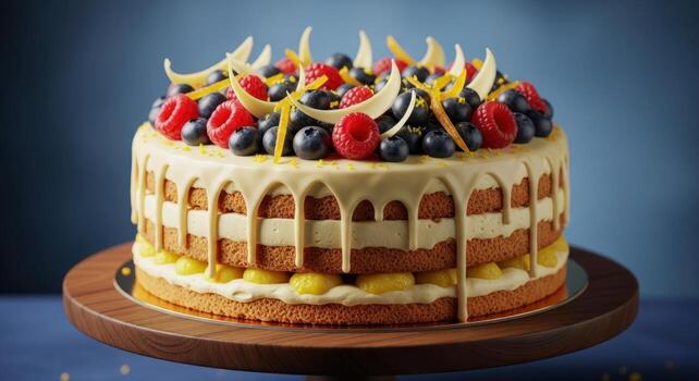 Luxurious round multi layered white chocolate and lemon cake with fresh berries and orange zest photo