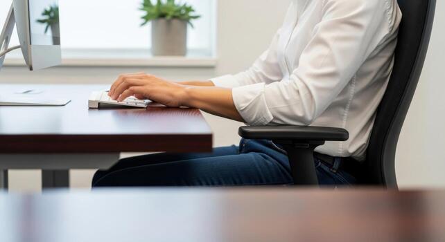 Professional woman typing on a white computer keyboard at a modern office desk photo