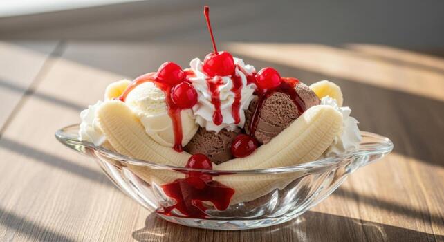 Classic banana split with vanilla and chocolate ice cream, whipped cream, and cherries photo
