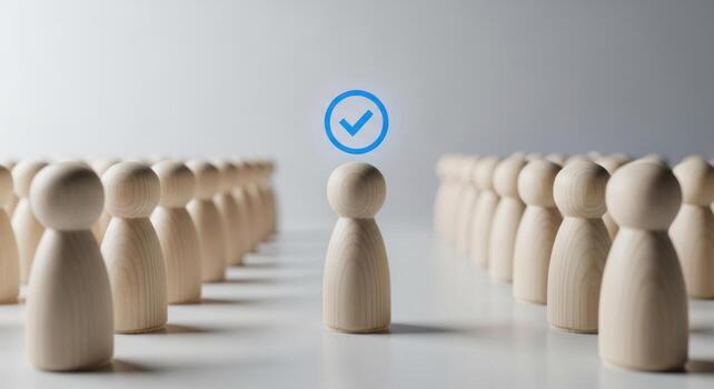 seleccionado de madera clavija muñeca con un azul marca de verificación en pie fuera desde un grande grupo de idéntico cifras foto