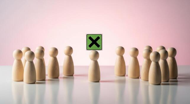 Wooden peg dolls surrounding an isolated figure with a green x sign above it photo