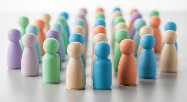 Large group of diverse colorful wooden human figures representing community and teamwork photo