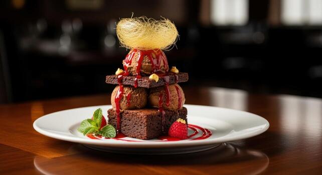 Gourmet chocolate brownie stack with ice cream, raspberry sauce, and spun sugar garnish photo