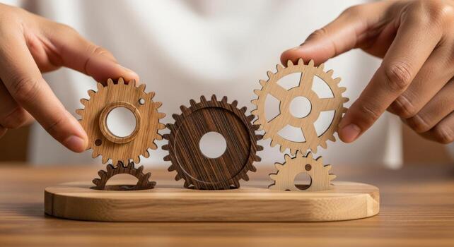 Hands arranging wooden gears on a stand, symbolizing teamwork, strategy, and business solution photo