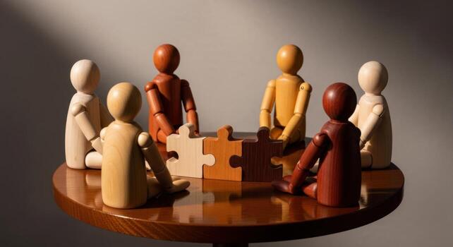 diverso de madera cifras colaborar alrededor un mesa, conectando rompecabezas piezas representando trabajo en equipo y unidad foto