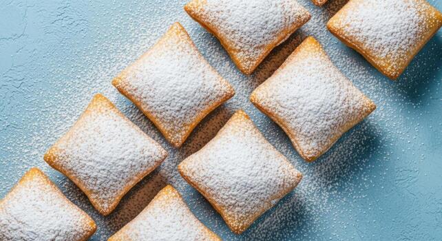 Golden brown square beignets dusted with powdered sugar on a light blue surface photo