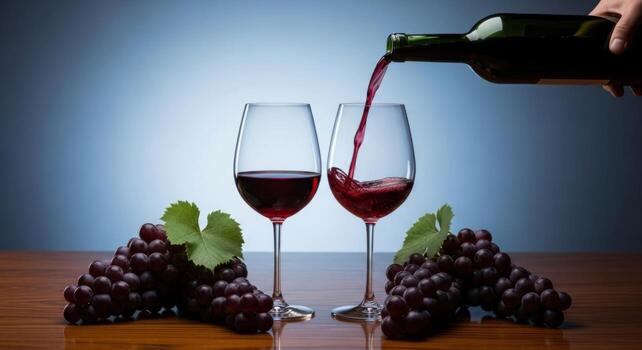 Hand pouring deep ruby red wine into a clear glass, with another glass and fresh grapes on a wooden table. photo