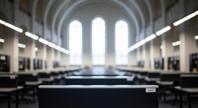 Spacious empty university library reading room featuring long desks and bright arched windows. photo