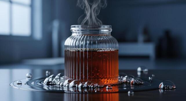 Steaming dark brown liquid in a ribbed glass jar on a reflective surface with metallic droplets photo