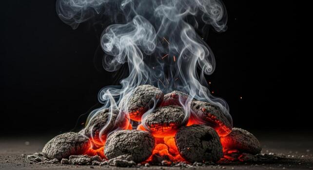intensamente brillante carbón briquetas con fumar en contra un profundo oscuro antecedentes foto