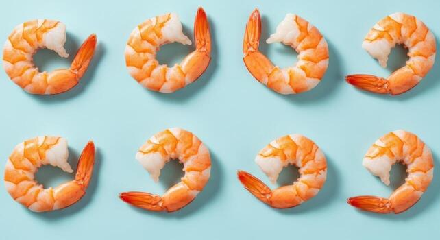 Seamless pattern of perfectly cooked peeled shrimp arranged uniformly on a soft pastel blue background photo