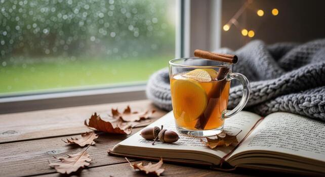 acogedor otoño escena con condimentado manzana sidra, abierto libro, y otoño hojas por un lluvioso ventana foto
