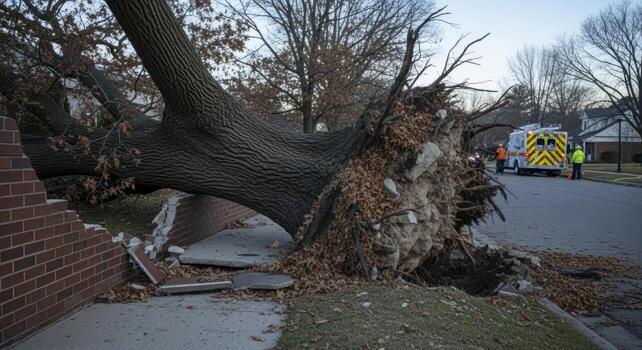 Massive uprooted oak tree trunk with exposed roots after storm damage to brick wall photo