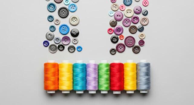 Colorful sewing threads and assorted buttons arranged in a flat lay composition photo