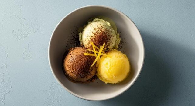 Top down view of three scoops of chocolate, pistachio, and lemon ice cream in a bowl photo