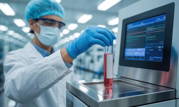Male scientist in full PPE conducting a precise experiment with a test tube in a modern sterile laboratory photo