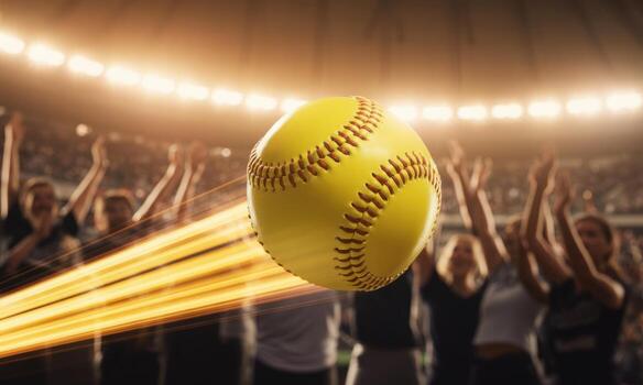 Vibrant yellow softball in mid air with motion blur trail over a cheering stadium crowd photo