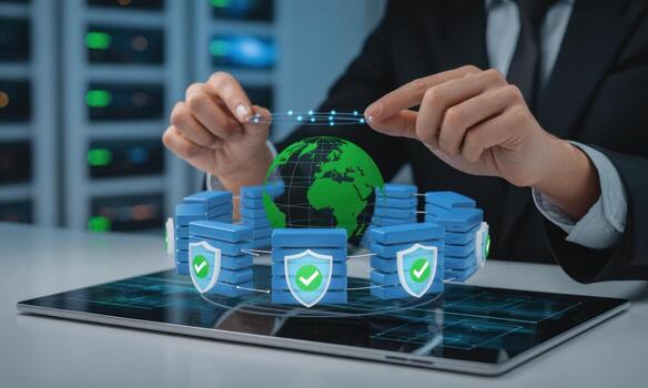 Cybersecurity professional managing global data network with secure server holographic projection photo