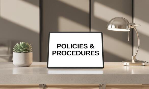Sleek modern tablet displaying POLICIES and PROCEDURES text on screen in a professional office setting photo