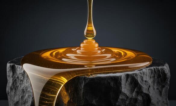 Continuous stream of shimmering golden honey liquid cascading onto a dark textured rock surface photo
