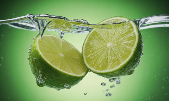 Hyper realistic studio photo of two perfectly sliced lime halves half submerged in effervescent water