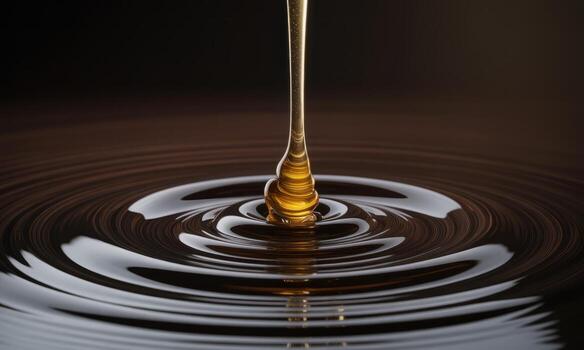 Golden honey liquid stream pouring onto a dark reflective surface creating ripples photo