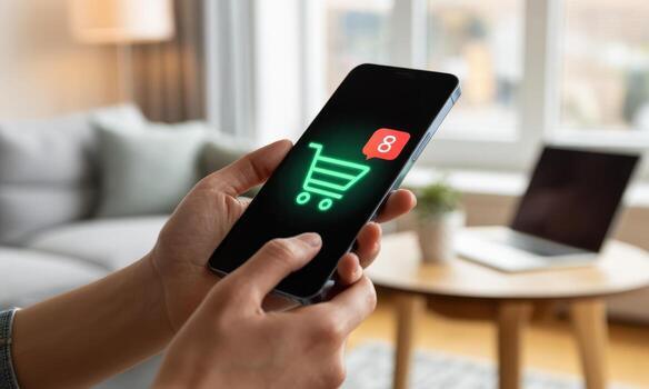 Hands holding smartphone with glowing shopping cart icon and notification for online shopping photo