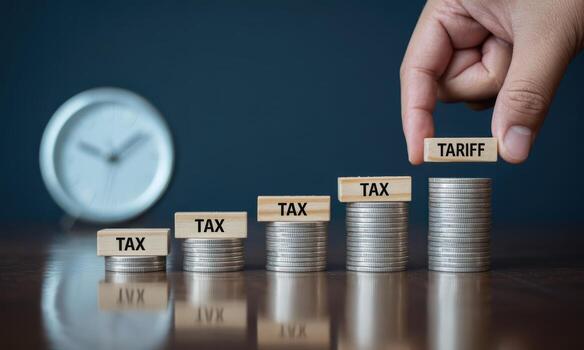 Hand placing TARIFF block on rising coin stacks, symbolizing increasing taxes and financial burden photo