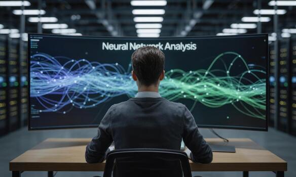 Data scientist analyzing neural network on large curved monitor in server room photo